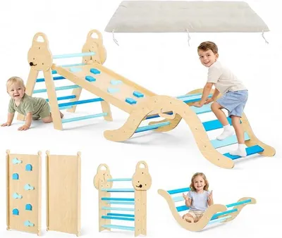 Imagen del producto de Juego Montessori-Pikler multifuncional de 7 piezas, que incluye un triángulo, cojín, tobogán y barra de escalada