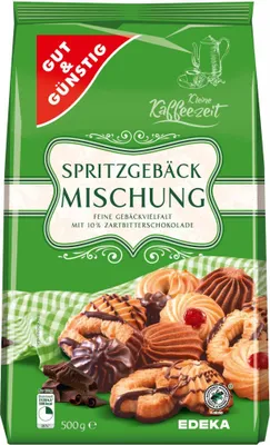 Produktbild von Gut & Günstig Spritzgebäckmischung mit 6 ausgewählte Spritzgebäckspezialitäten (500g Packung) + usy Block