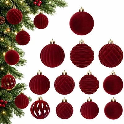 Weihnachtskugeln aus Samt, 38 Stück, rot/grün, 4/6/8 cm