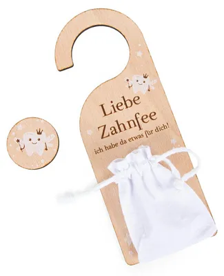 Produktbild von Zahnfee Türschild aus Holz mit Münze Milchzähne Säckchen für Kinder