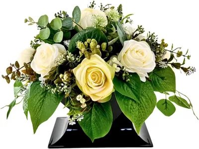 Produktbild von Künstliche Blumen für Grab wie echt mit cremeweißen Rosen Friedhof oder Gedenkstätte Herzform Topf 30x30cm für Innen und Außen