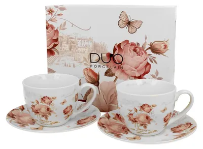 Immagine prodotto di DUO | Tazza da tè con piattino - Mug - Set di 2 - 270 ml - Colorata - Fiorita - Porcellana - Confezione regalo