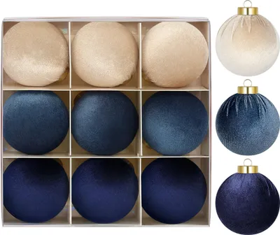 Productafbeelding van Set kerstballen StarryLights, fluwelen kerstballen in marineblauw en beige