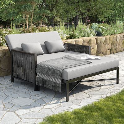 Flieks Gartensofa Gartenliege mit Verstellbarer Rückenlehne (5-stufig), Gartenmöbelset Doppelliege mit Fußhocker, Liegebett Schlafsofa Outdoor, Grau