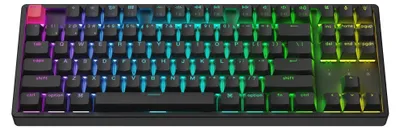 A top-down view of a black mechanical keyboard with RGB backlighting.