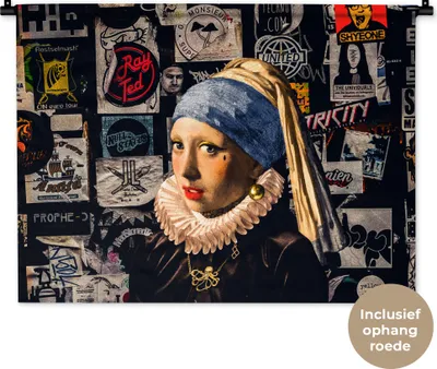 Produktbild von MuchoWow® Wandteppich Wandbehang Das Mädchen mit dem Perlenohrring - Tätowierung - Vermeer 90x67.5 cm Tapisserie Dekoration Wandtuch - Fototeppich - Wand-Skulpturen