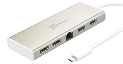 Obrázok produktu pre j5create USB-C Dual HDMI Multi Dock 1x4K HDMI/1xHDMI/2xUSB 3.0/1xUSB-C/1xRJ45 Gigabit; Strieborná farba JCD381-N