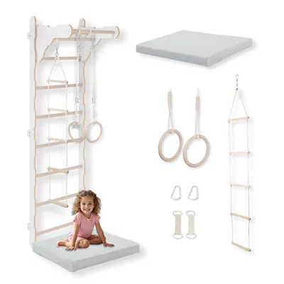 Obrázok produktu pre Detský gymnastický rebrík (210 cm) | Drevený rebrík na stenu | Detská preliezačka | Gymnastické kolieska | Ochranný matrac | Lanový rebrík | 100% ECO