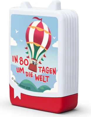 A Toniebox with a colorful sticker depicting a hot air balloon and text.