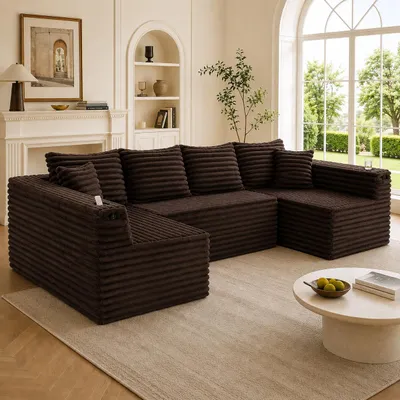 Produktbild von Cord-Sofa U-Form Wohnlandschaft mit Federkern U-f?rmiges Sofa mit Getr?nkehalter Seitentaschen Modulsofa Polstersofa Couch gro? 4-Sitzer Wohnzimmersofa Grau