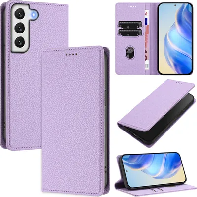 Image de Etui en cuir pour Samsung Galaxy S22 5G, Litschi cuir, étui portefeuille avec fentes pour cartes et support Violet