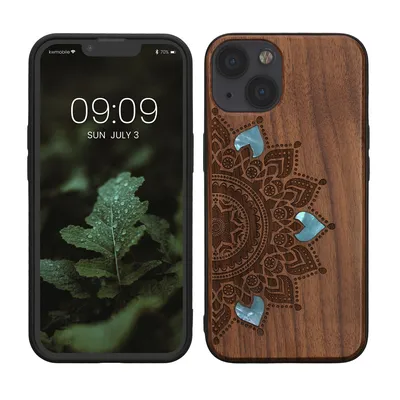Produktbild von kwmobile Hülle kompatibel mit Apple iPhone 13 Hülle - Holz Case - Handy Cover - TPU Handyhülle in Dunkelbraun Aufgehende Sonne Perlmutt