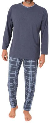 Produktbild von Normann Herren langarm Schlafanzug Pyjama mit Karohose aus Jersey ; navy , 50