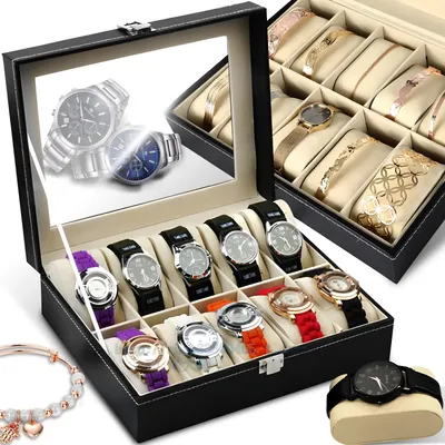 Produktbild von Uhrenbox für 10 Uhren Uhrenkoffer Uhrenkasten mit 10 Fächern Schaukasten Organizer Uhrenaufbewahrung Aufbewahrungsbox aus Kunstleder Schwarz Retoo