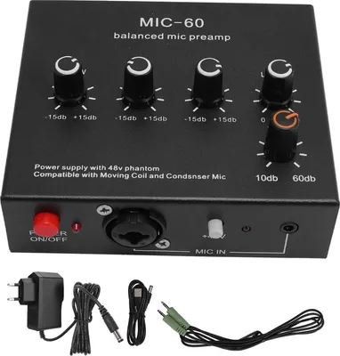 Obrázek produktu pro Mikrofonní předzesilovač 60 dB vysoký zisk 48 V napájení 3,5 mm 6,35 mm XLR vstup Výstup pro dynamický kondenzátor EU konektor