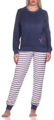 Produktbild von Damen Frottee Pyjama, Hose gestreift, Oberteil mit süssen Tiermotiv - auch in Übergrössen ; marine , 48