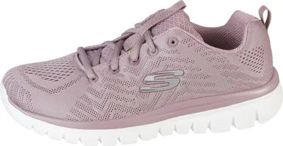 A side view of a single lavender Skechers shoe against a white background.