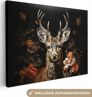Produktbild von MuchoWow® - Leinwandbilder - Hirsch - Tier - Blumen - Natur - Botanisch, Wandbild, Wanddeko Bilder Wohnzimmer, 120x90 cm
