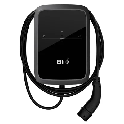 A black electric vehicle charging station with a cable and plug is shown against a white background.