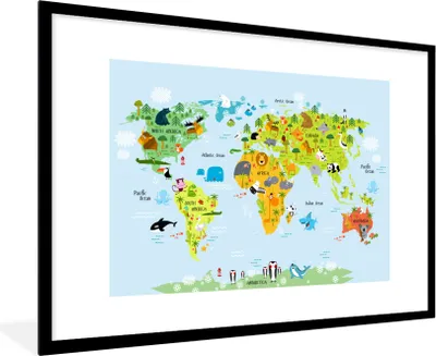 Produktbild von MuchoWow® Gerahmtes Poster Weltkarte - Kinder - Tiere - Natur - Jungen - Mädchen 90x60 cm - Poster mit Schwarzem Bilderrahmen Wandposter Rahmen Foto Bilder - Wanddekoration - Fotos
