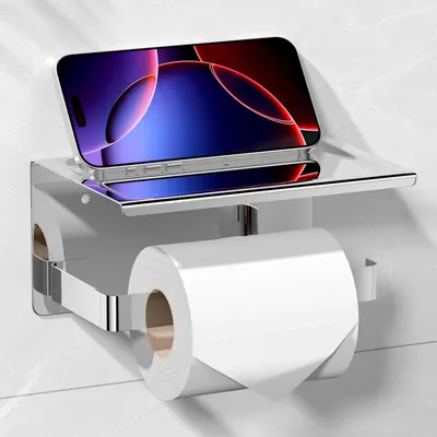 Image de Porte-rouleau de papier toilette, sans perçage, chromé, en acier inoxydable, avec tablette, autocollant, fixation murale, porte-rouleau de papier toilette, porte-rouleau pour salle de bains, accessoires de salle de bains