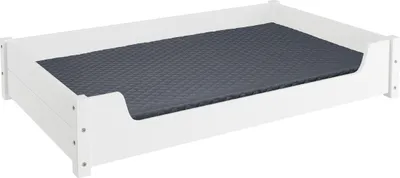 A white dog bed with a gray mattress is shown against a white background.