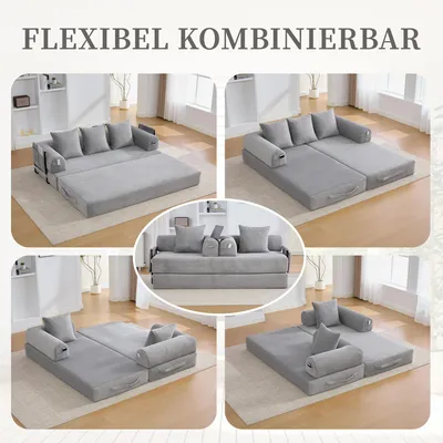 Produktbild von okwish Klassische Sofas mit drei weichen Kissen und Aufbewahrungstasche,Schlafsofa,Metallgestell,Modernes Klappsofa,Hellgrau