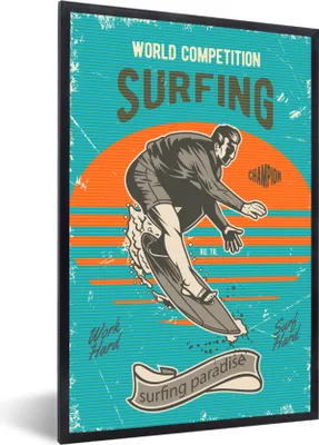 Produktbild von MuchoWow® MuchoWow® Gerahmtes Poster Vintage - Surfen - Surfbrett 40x60 cm - Poster mit zchwarzem Bilderrahmen - Papierdruck - Wandbilder