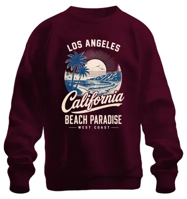 Imagen del producto de Sudadera con cuello redondo, diseño "Paraíso playero de Los Ángeles, California, Costa Oeste, Surf, Estados Unidos", color burdeos, talla L