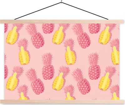 Produktbild von MuchoWow® Textilposter Sommer - Ananas - Gelb - Rosa 120x80 cm mit holzfarbenen Rahmen - Aufhängeset