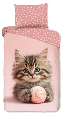 Productafbeelding van Good Morning Kinderdekbedovertrek "Chat" - Roze - (140x200 cm) - 100% Katoen