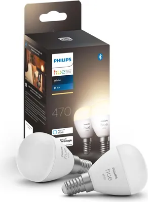 A product box for Philips Hue LED bulbs with two bulbs in the foreground.