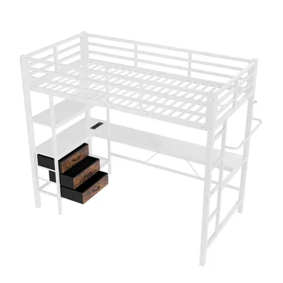 Produktbild von Flieks Etagenbett 90x200cm mit Schreibtisch, Hochbett Metallbett mit LED, USB und Steckdose, Jugendbett Kinderbett Einzelbett mit Rausfallschutz, Weiß