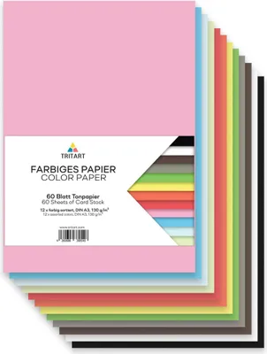 Produktbild von Tritart - Buntpapier A3 130g /m? I 60 Blatt festes Bastelpapier voll durchgefärbt I stabiler kreativ Tonkarton zum Basteln I DIY buntes Tonpapier Bastelkarton