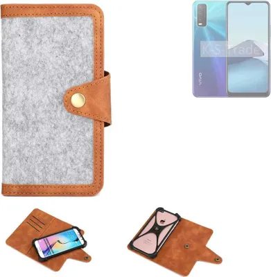 Produktbild von K-S-Trade Handyhülle kompatibel mit Vivo Y20s Schutzhülle Filz-Hülle Kunst-Leder hellgrau braun (1x)
