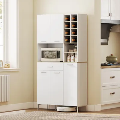 Produktbild von Küchenschrank mit Weinregal & offenen Regalen, Sideboard Buffet, Hochschrank, Weiß | 90x35x183 cm | 5 Türen, Schublade | MDF