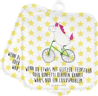 Produktbild von Mr. & Mrs. Panda Topfuntersetzer Einhorn Radfahrer - Weiß - Geschenk, topfhalter, Topflappen, Unicorn, Set, Liebeskummer, Konfetti, Einhörner, Ofenlappen, Kochlappen