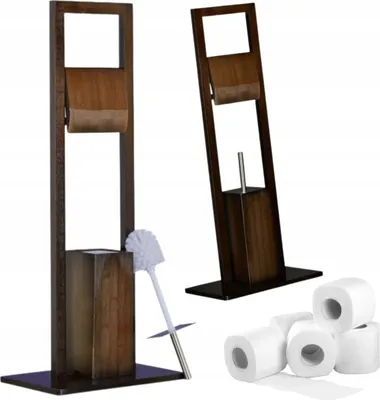Produktbild von Nowoczesny wolnostojący stojak toaletowy z uchwytem na papier i szczotką, bambusowy design, eleganckie i praktyczne rozwiązanie do łazienki.