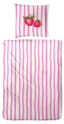 Produktbild von Bettwäsche Renforce Erdbeere Streifen rosa 135 x 200 cm
