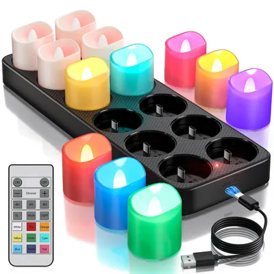 Zdjęcie produktu dla Świece LED RGB, zestaw 12 sztuk, wielokolorowe, z możliwością ładowania, z podstawką do ładowania