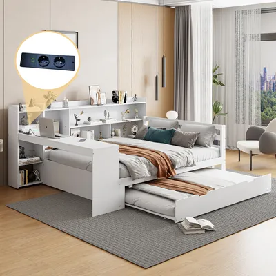 Produktbild von okwish Schlafsofa 140*200 cm Multifunktionales Doppelholzbett, Mit Schreibtisch Bücherregalen Ablagefächern und Regalen, Mit Steckdosen, Ausziehbarem Bett Unter Dem Bett, Weiß