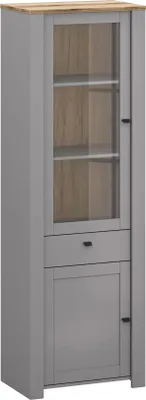Productafbeelding van Glazen vitrinekast Latour, presentatievitrine 65x42x200cm, grijs eikenhout, model Delano