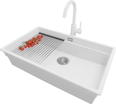 Produktbild von PRIMAGRAN Unterbauspüle Granit Weiß 76x47cm, Spülbecken 1 Becken + Ablauf-Set + Küchenzubehörset, Granitspüle ab 80er Unterschrank - Praga