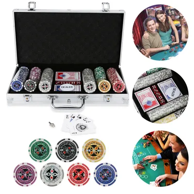 Image de Jiubiaz Mallette de poker Kit de jetons de poker 300 jetons Tapis de jeu professionnel Alu Button Cash-Game Argent