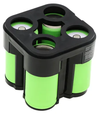 A battery pack with multiple green battery cells held together by a black plastic holder.