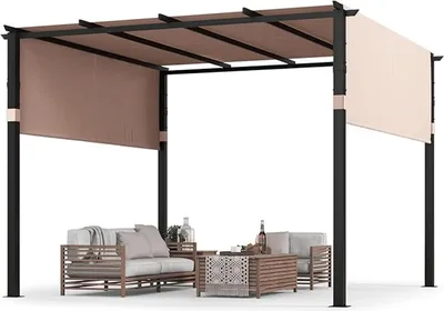 Obrázok produktu pre pergola 305 x 305 cm s rovnou strechou, slnečný altánok s nastaviteľnou a sťahovacou strechou, prístrešok na terasu s kovovým rámom, béžová farba