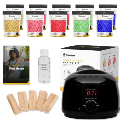 Produktbild von Bolusso Waxing Set mit Wachserhitzer, 1000g Wax Beans | 5 Sorten, 50 Spatel, Afterwax Öl | Haarentfernungsgerät für Zuhause & Salon, Unisex Wax Starte