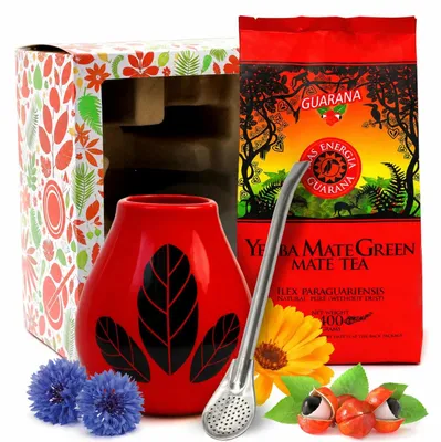 Immagine prodotto di Set regalo Mate Green yerba mate-tè Mas Energia Guarana con guaranà 400 g -  Hoja Rot mate-tè tazza 350 ml Vetroceramica - bombilla 19 cm