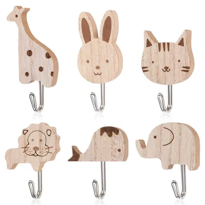 Productafbeelding van Set van 6 dieren wandhaken van hout, zelfklevend
