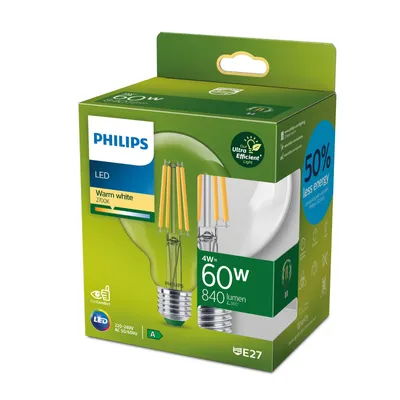 Obrázek produktu pro Philips Čirá žárovka s tradičním vzhledem 60 W, G95 E27, 4 W, 60 W, E27, 840 lm, 50000 h, Teplá bílá